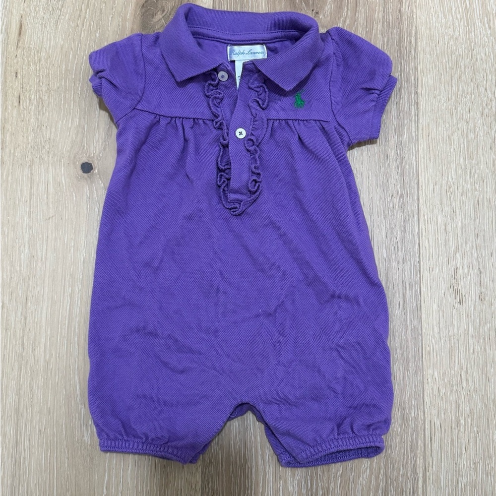 Ralph Lauren Purple Baby Girl Romper One Piece Ruffle Sleeves